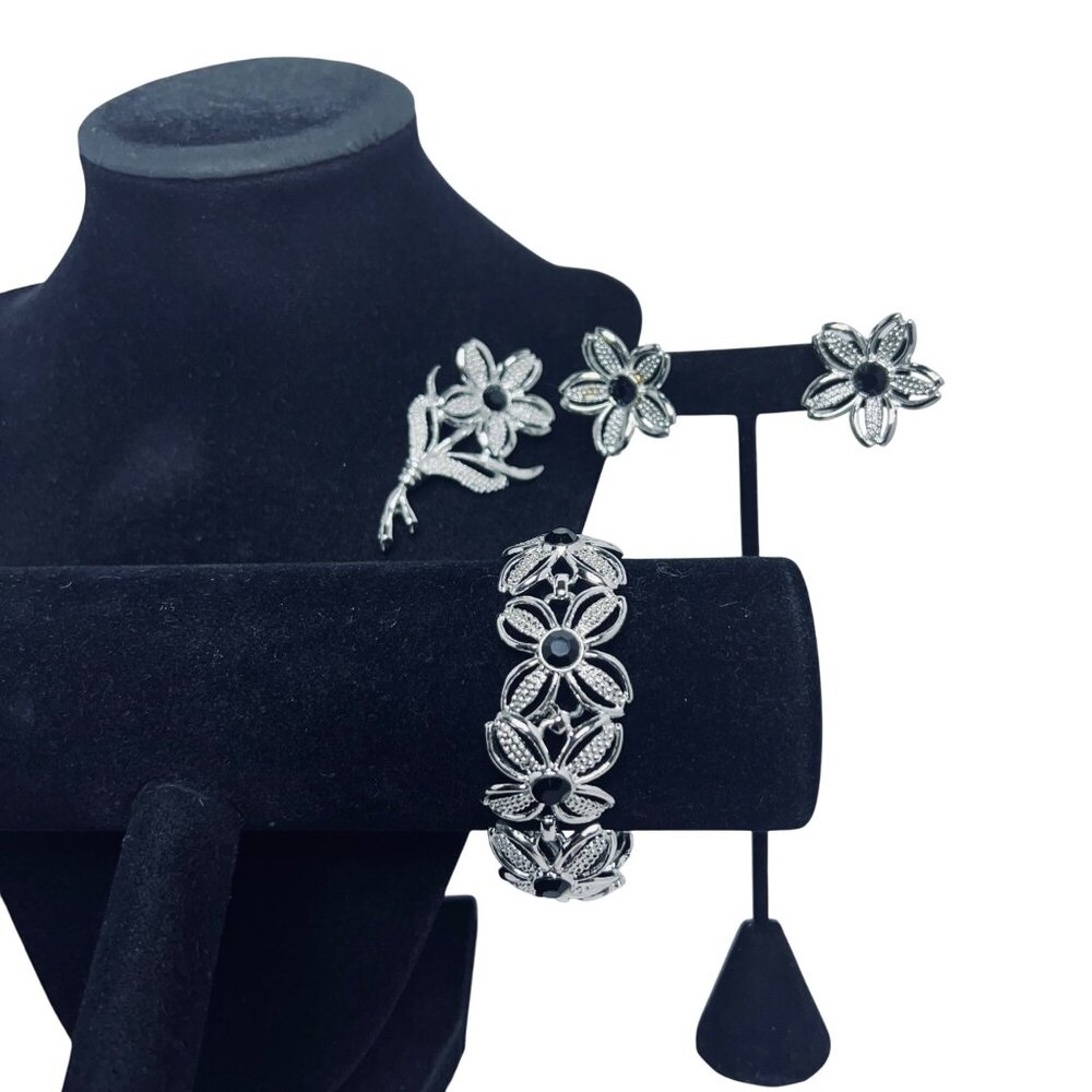 Sarah Cov Silver Tone W/Black Rhinestone Bracelet, Clip Earrings & Brooch (5689) - Picture 1 of 10